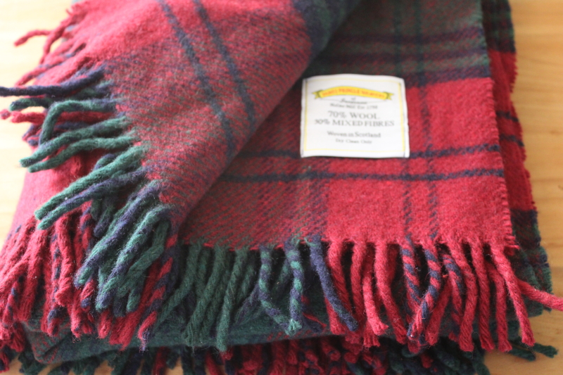 photo of vintage Pringle Scotland woven wool throw, red & green tartan plaid fringed blanket  #2