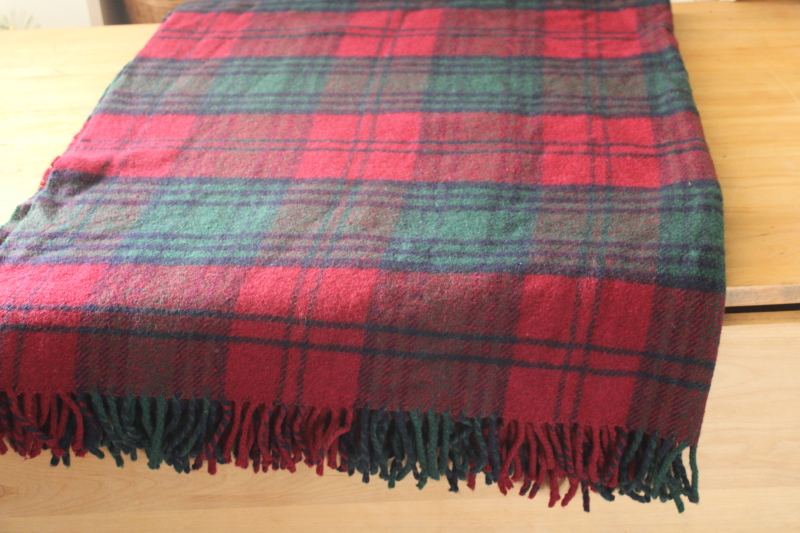 photo of vintage Pringle Scotland woven wool throw, red & green tartan plaid fringed blanket  #4