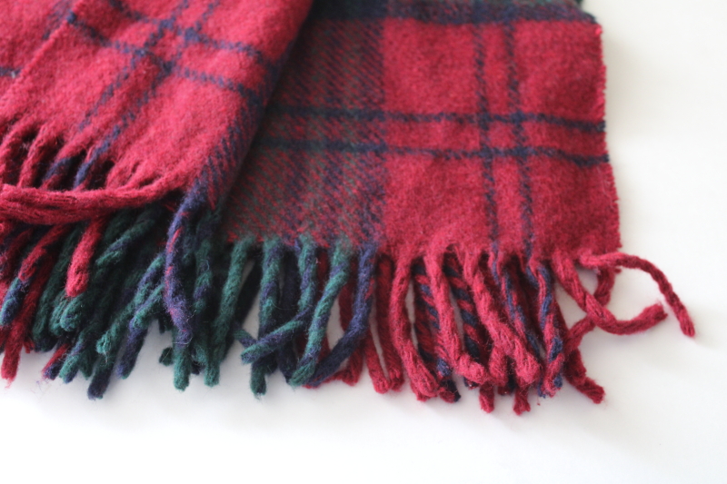 photo of vintage Pringle Scotland woven wool throw, red & green tartan plaid fringed blanket  #5