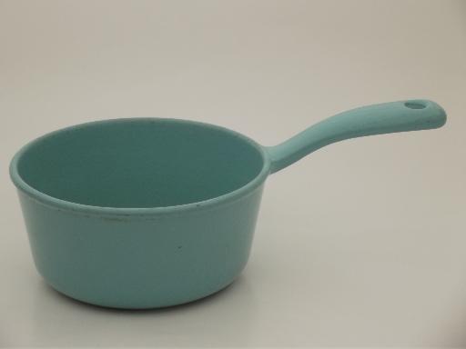 photo of vintage Prizer ware sauce pan, cast iron enamel aqua turquoise saucepan  #1