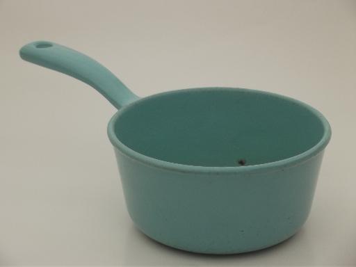 photo of vintage Prizer ware sauce pan, cast iron enamel aqua turquoise saucepan  #2