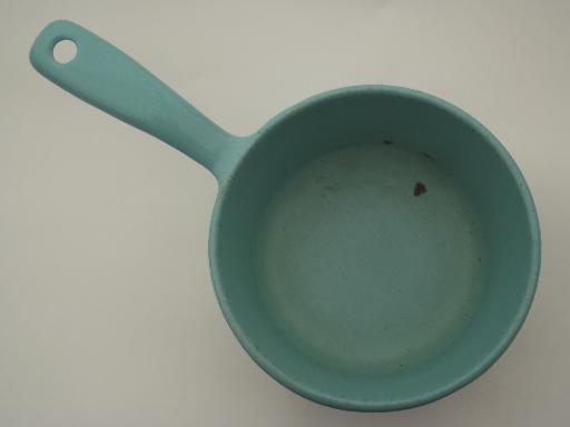 photo of vintage Prizer ware sauce pan, cast iron enamel aqua turquoise saucepan  #3