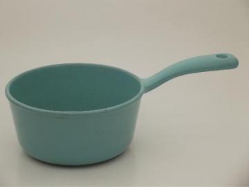 catalog photo of vintage Prizer ware sauce pan, cast iron enamel aqua turquoise saucepan 