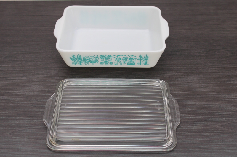 photo of vintage Pyrex Amish butterprint large refrigerator dish 0503 white w/ turquoise pattern clear lid #6