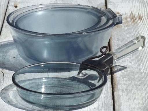 photo of vintage Pyrex Flameware blue tint glass pots, pans & handle lot #2