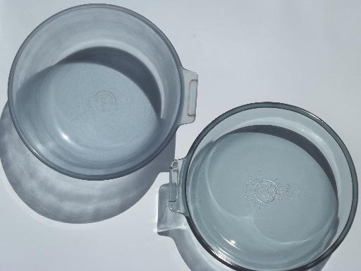 photo of vintage Pyrex Flameware blue tint glass pots, pans & handle lot #3