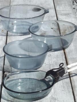 catalog photo of vintage Pyrex Flameware blue tint glass pots, pans & handle lot