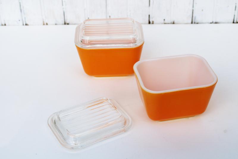 photo of vintage Pyrex ORANGE fridge boxes refrigerator containers w/ clear glass lids #1