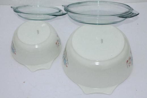 photo of vintage Pyrex blue iris mixing bowl mix & bake casseroles w/ clear glass lids #5