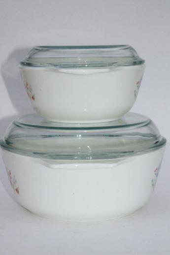 photo of vintage Pyrex blue iris mixing bowl mix & bake casseroles w/ clear glass lids #6