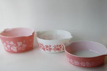 catalog photo of vintage Pyrex casseroles 471 472 473 stack of pink gooseberry, bowls no lids