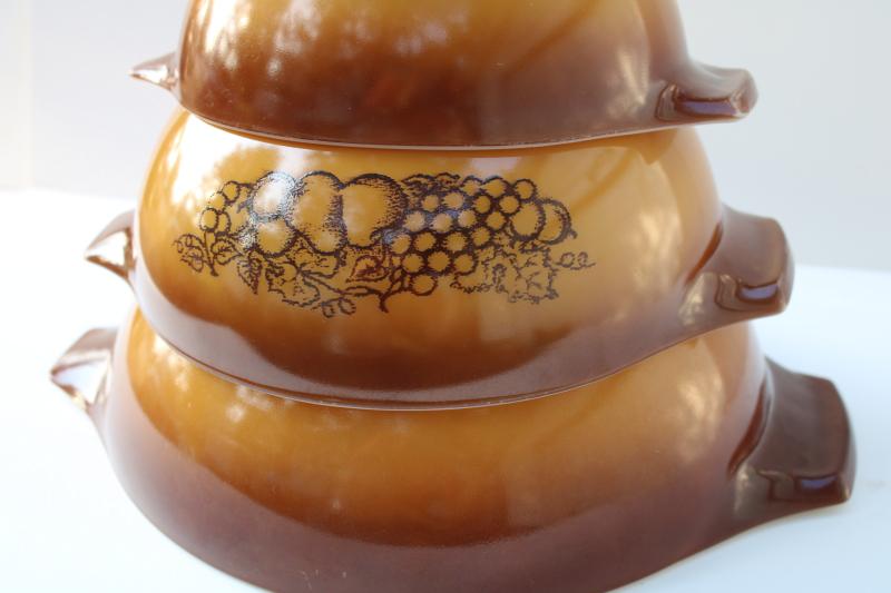 photo of vintage Pyrex cinderella bowls set of four, Old Orchard fruit pattern brown ombre #8