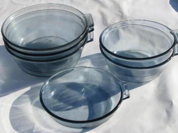 catalog photo of vintage Pyrex flameware blue glass pots & pans, saucepan bowls lot