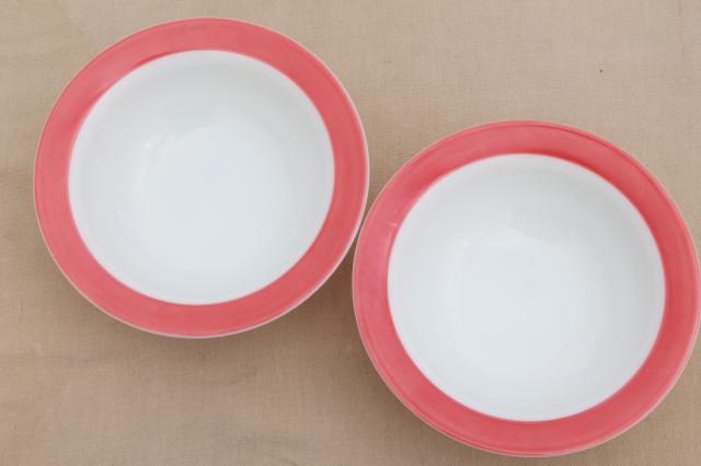 photo of vintage Pyrex flamingo pink border milk glass dishes, retro red & white dinnerware set #2