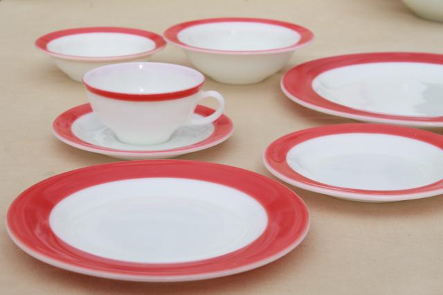 photo of vintage Pyrex flamingo pink border milk glass dishes, retro red & white dinnerware set #5