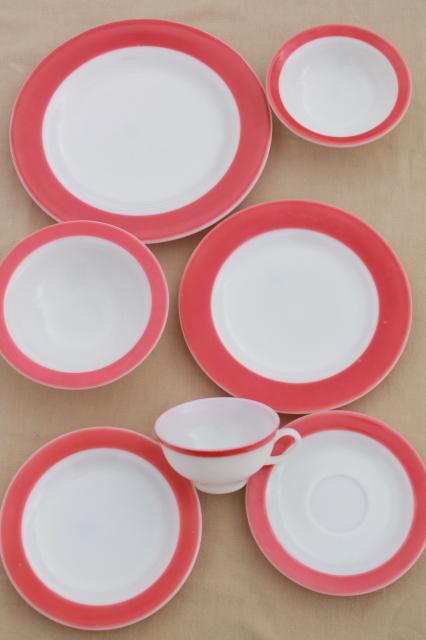 photo of vintage Pyrex flamingo pink border milk glass dishes, retro red & white dinnerware set #6