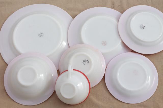 photo of vintage Pyrex flamingo pink border milk glass dishes, retro red & white dinnerware set #7