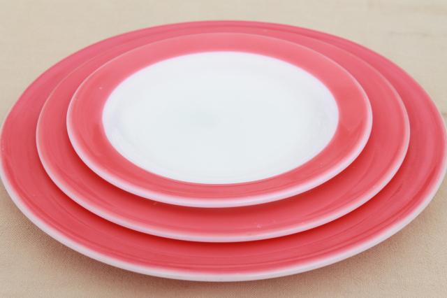 photo of vintage Pyrex flamingo pink border milk glass dishes, retro red & white dinnerware set #8