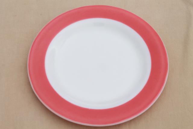 photo of vintage Pyrex flamingo pink border milk glass dishes, retro red & white dinnerware set #9