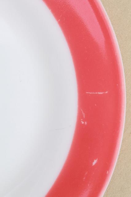photo of vintage Pyrex flamingo pink border milk glass dishes, retro red & white dinnerware set #10