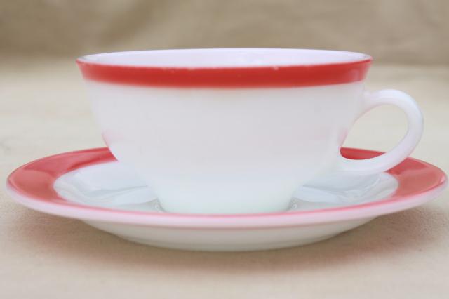 photo of vintage Pyrex flamingo pink border milk glass dishes, retro red & white dinnerware set #11