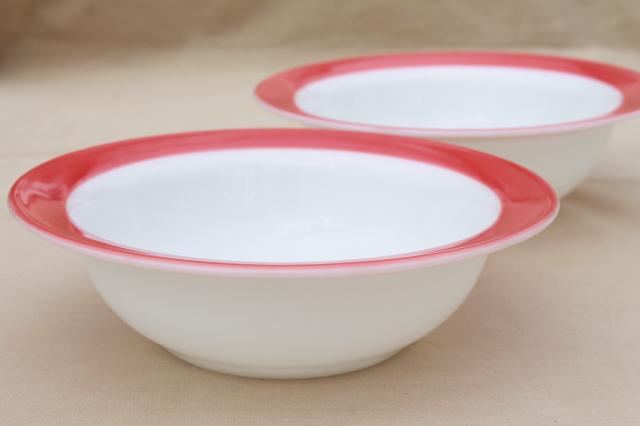 photo of vintage Pyrex flamingo pink border milk glass dishes, retro red & white dinnerware set #12