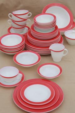 catalog photo of vintage Pyrex flamingo pink border milk glass dishes, retro red & white dinnerware set