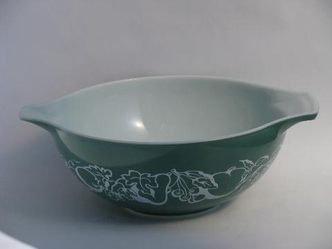 photo of vintage Pyrex kitchen glass mixing bowl, teal green w/ fruit salad pattern #1