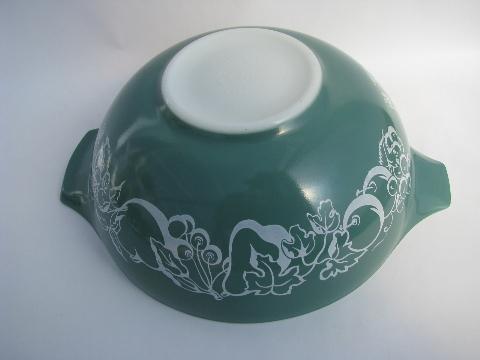 photo of vintage Pyrex kitchen glass mixing bowl, teal green w/ fruit salad pattern #3