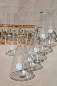 catalog photo of vintage Pyrex lab glass lot - chemistry laboratory flasks, beakers, test tubes