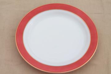 catalog photo of vintage Pyrex milk glass cake plate or chop platter w/ flamingo pink red border, gold trim