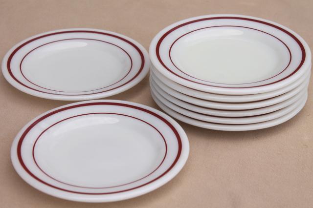 vintage Pyrex milk glass plates w cranberry red band retro dishes set for 8