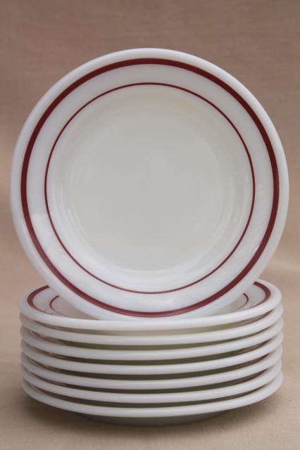 photo of vintage Pyrex milk glass plates w/ cranberry red band, retro dishes set for 8 #2