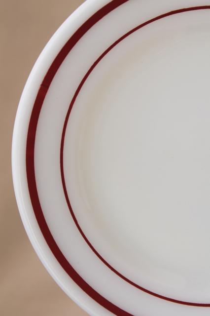 photo of vintage Pyrex milk glass plates w/ cranberry red band, retro dishes set for 8 #3