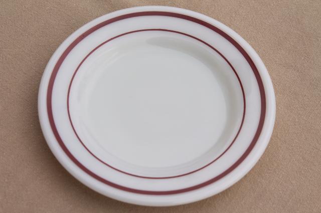 photo of vintage Pyrex milk glass plates w/ cranberry red band, retro dishes set for 8 #5