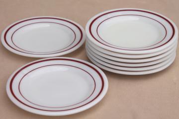 catalog photo of vintage Pyrex milk glass plates w/ cranberry red band, retro dishes set for 8