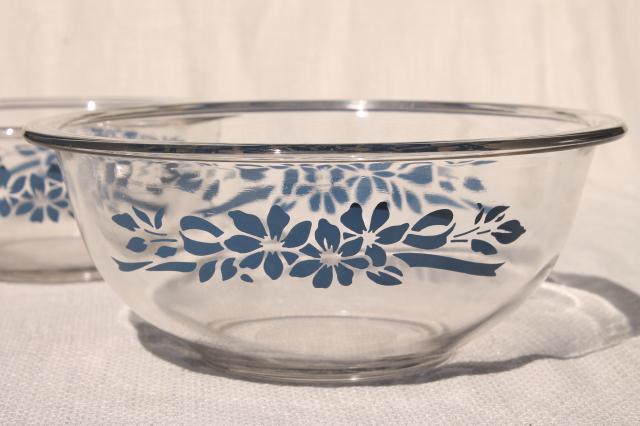 photo of vintage Pyrex nesting mixing bowls, clear glass w/ blue flowers & ribbon #5