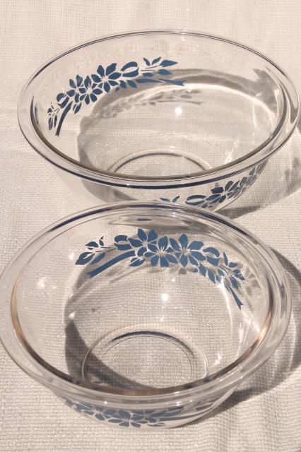 photo of vintage Pyrex nesting mixing bowls, clear glass w/ blue flowers & ribbon #6