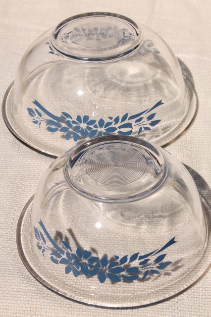 photo of vintage Pyrex nesting mixing bowls, clear glass w/ blue flowers & ribbon #7