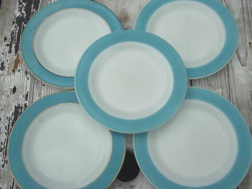 photo of vintage Pyrex plates, aqua & flamingo pink colored band milk glass plates #2