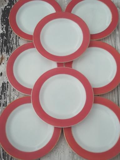 photo of vintage Pyrex plates, aqua & flamingo pink colored band milk glass plates #5