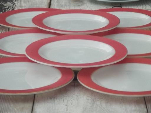 photo of vintage Pyrex plates, aqua & flamingo pink colored band milk glass plates #6