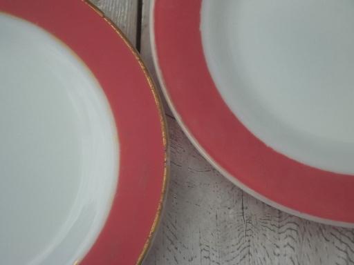 photo of vintage Pyrex plates, aqua & flamingo pink colored band milk glass plates #7