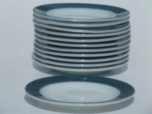 photo of vintage Pyrex plates, teal green colored band milk glass sandwich plates  #3