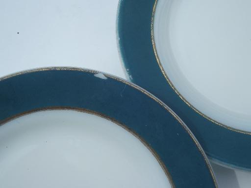 photo of vintage Pyrex plates, teal green colored band milk glass sandwich plates  #5