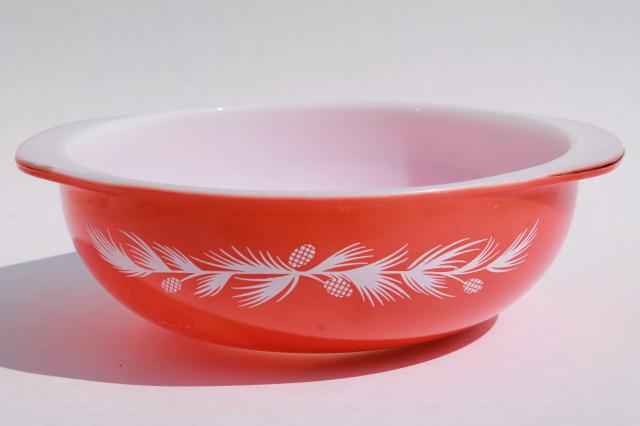 photo of vintage Pyrex red & white holiday pinecones pattern casserole 024, no glass lid #1