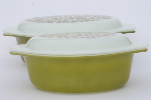 photo of vintage Pyrex verde green mistletoe print casseroles set, large & small oval baking dishes #3