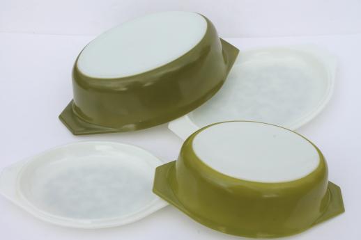 photo of vintage Pyrex verde green mistletoe print casseroles set, large & small oval baking dishes #7