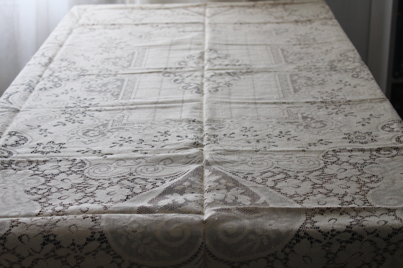 photo of vintage Quaker lace type ecru cotton tablecloth hearts & flowers, upcycle fabric curtain or wedding decor #1