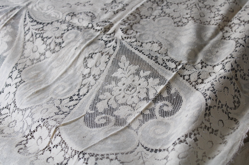 photo of vintage Quaker lace type ecru cotton tablecloth hearts & flowers, upcycle fabric curtain or wedding decor #3